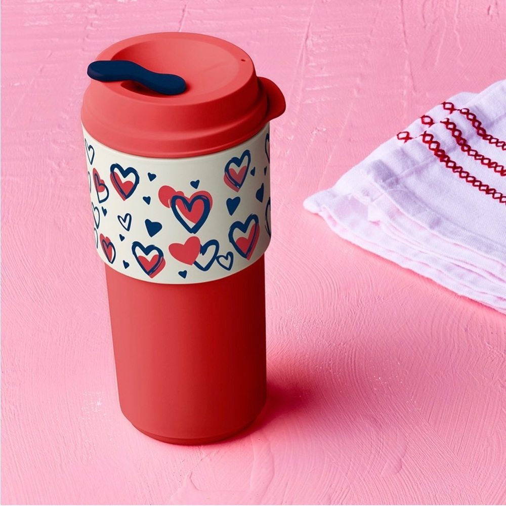 Tupperware Red and Blue Heart Travel Mug